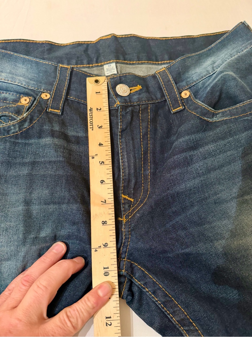 True Religion Ricky Big T Jeans 33x34 Blue Thick Stitch Flap Pockets Made In USA - Picture 16 of 16